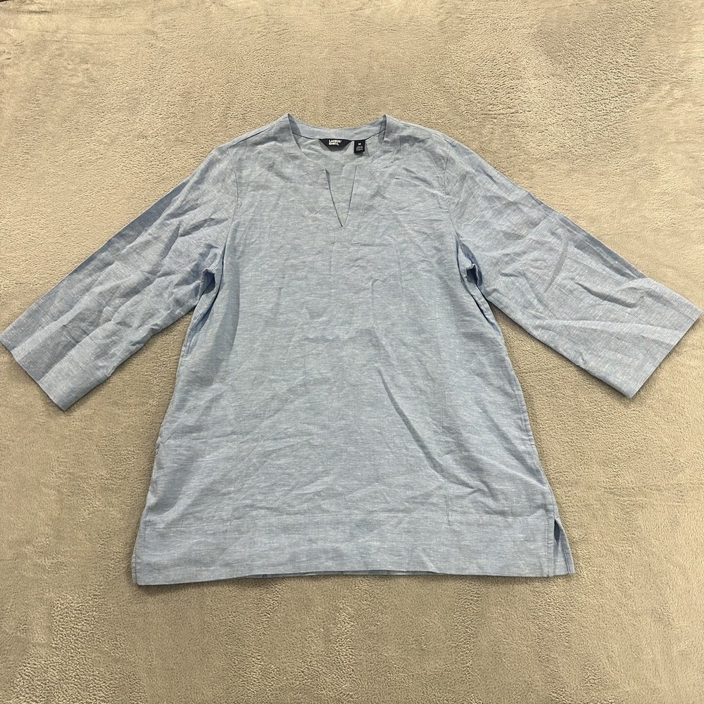 Lands' End Linen Blend Dress Women M Mini Blue Boho Lagenlook Coastal